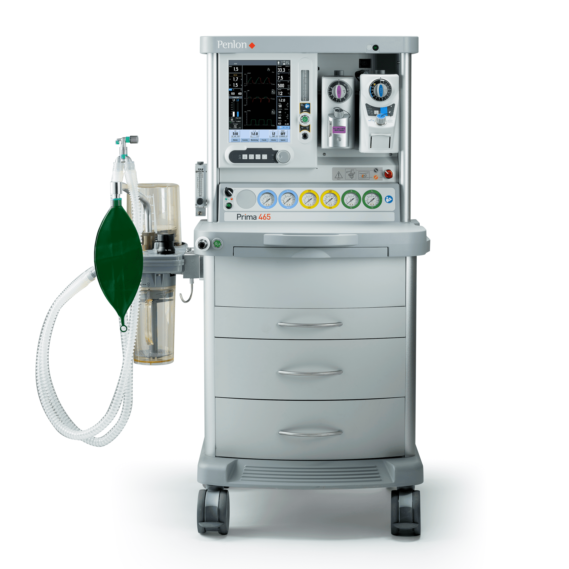 เครื่องดมยาสลบพร้อมเครื่องช่วยหายใจ พร้อมวัดค่าก๊าซขณะดมยาสลบ Trolley-mounted anesthesia workstation Prima 465  Penlon