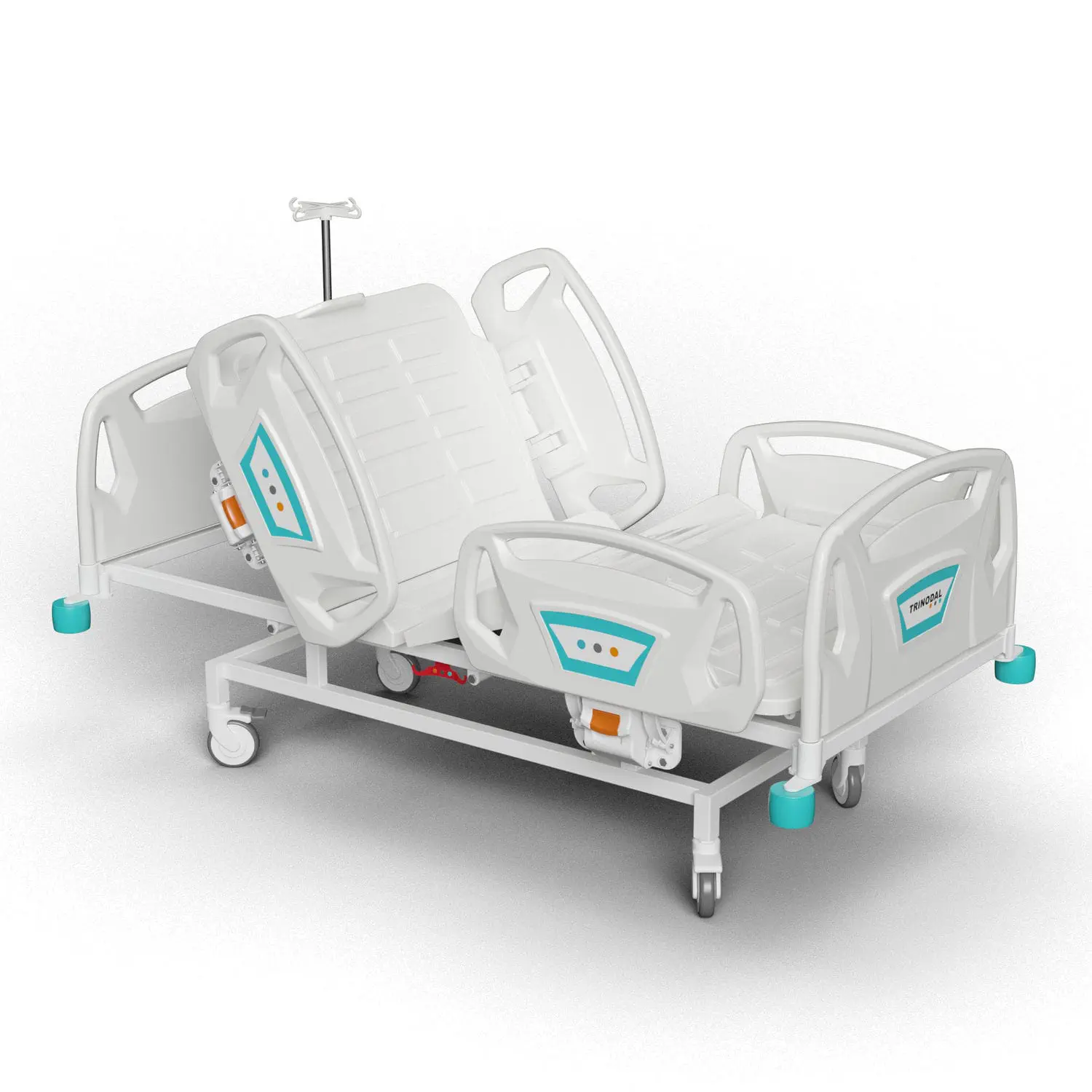 เตียงผู้ป่วยชนิดสามไกร์ปรับด้วยไฟฟ้าราวปีกนก พร้อมเบาะและเสาน้ำเกลือ  Hospital bed DE 1020  Trinodal