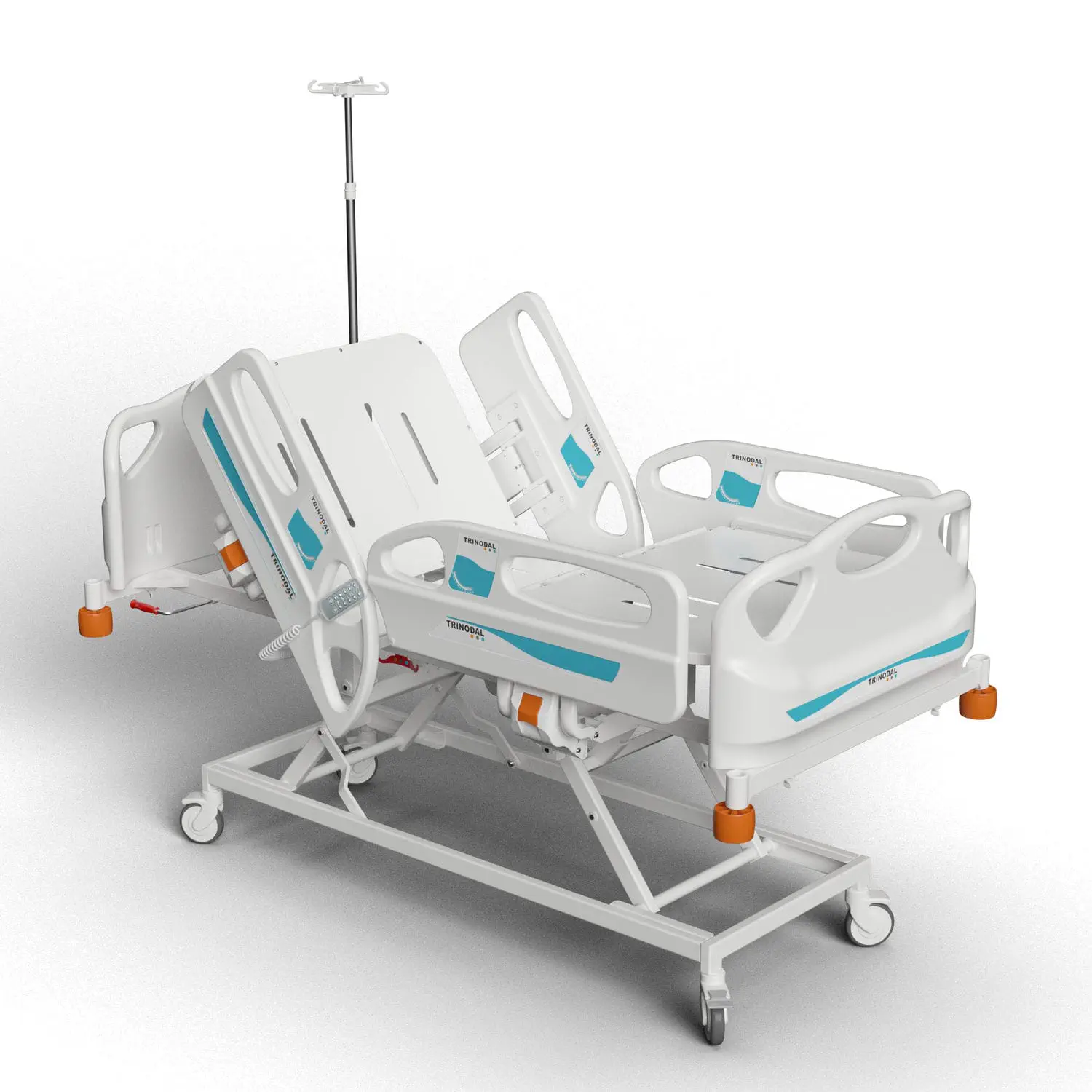 เตียงผู้ป่วยชนิดสามไกร์ปรับด้วยไฟฟ้าราวปีกนก พร้อมเบาะและเสาน้ำเกลือ  Hospital bed DE 4000X BASIC  Trinodal