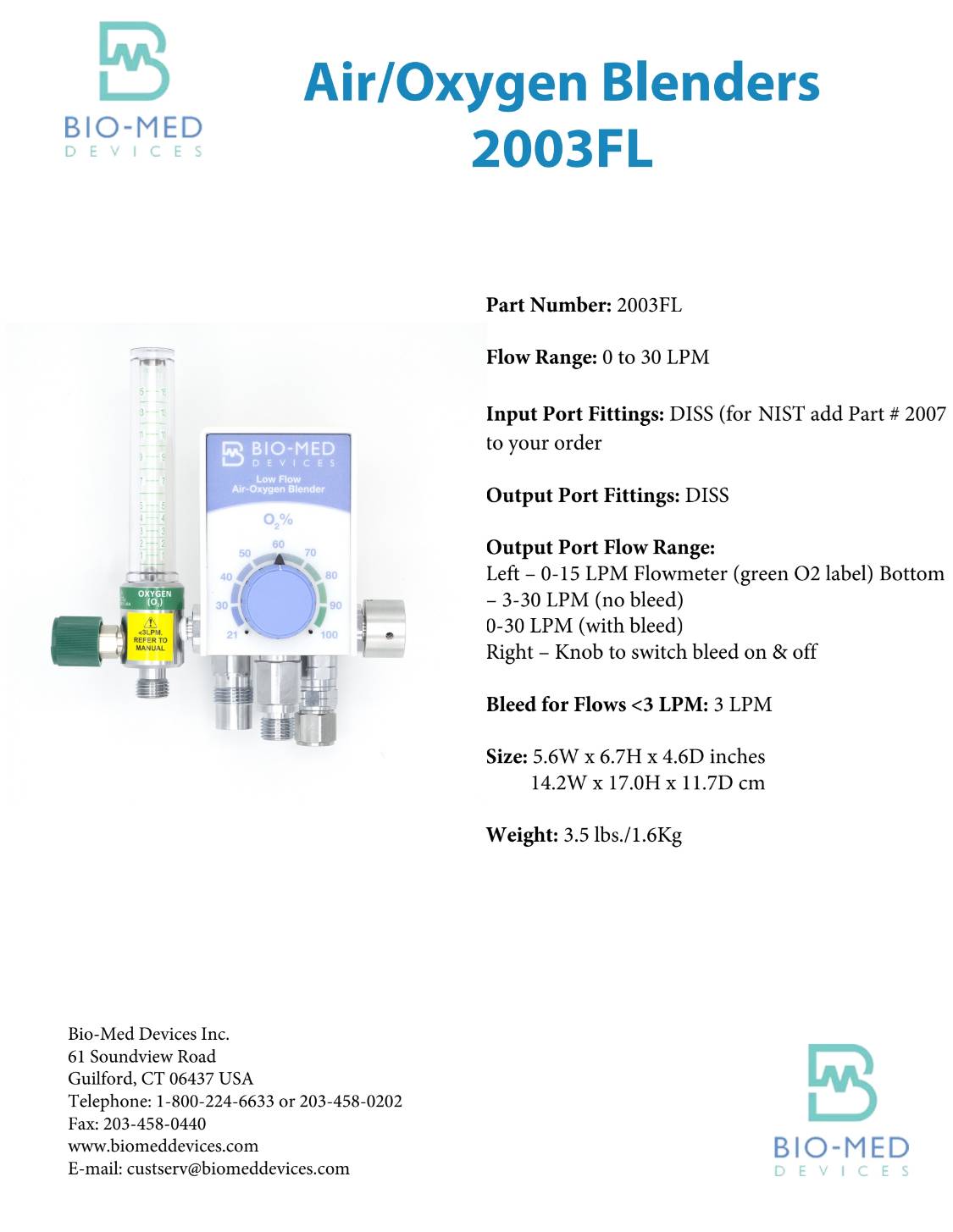 เครื่องปรับความเข้มข้นของออกซิเจน  รุ่น 2003FL ยี่ห้อ Bio-Med Devices